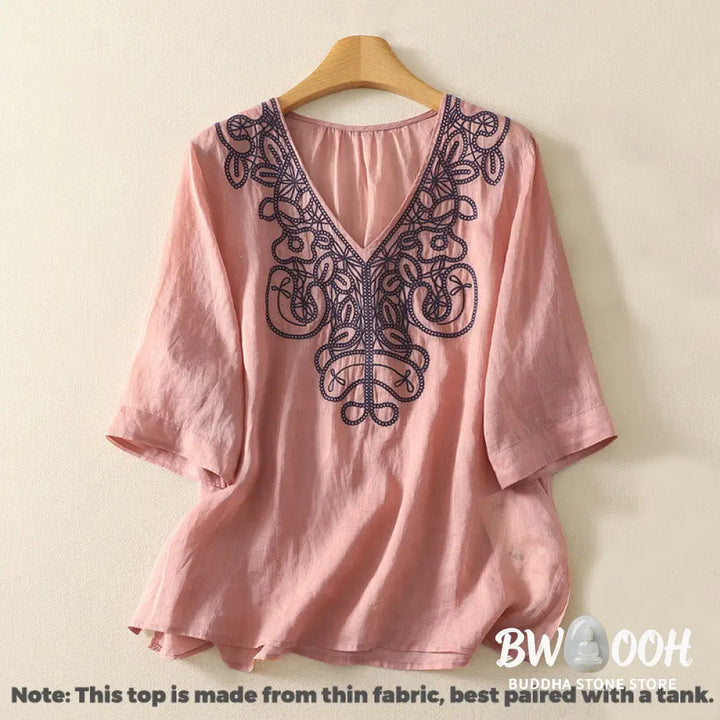 Buddha Stones Embroidered V-neck Casual Women’s Cotton Linen Half Sleeve T-shirt - Women’s T-Shirts