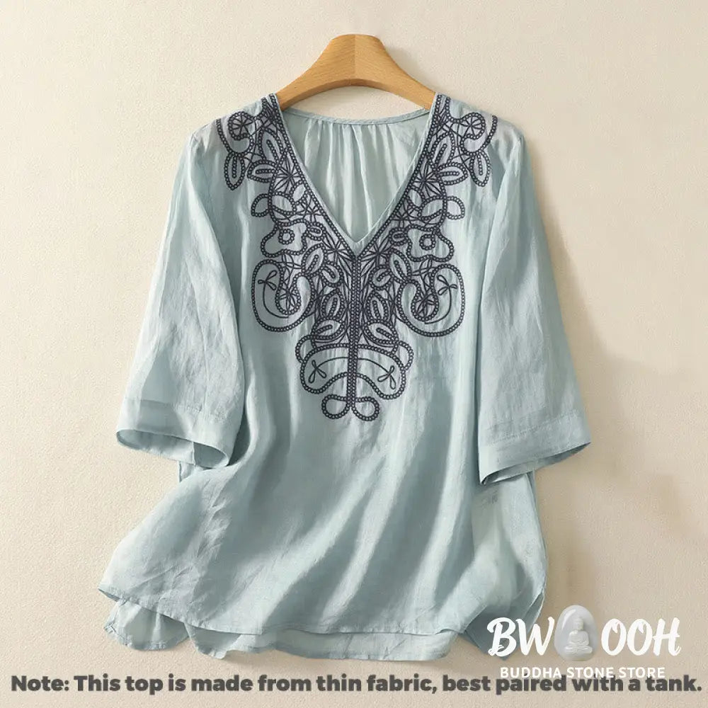 Buddha Stones Embroidered V-neck Casual Women’s Cotton Linen Half Sleeve T-shirt - Women’s T-Shirts
