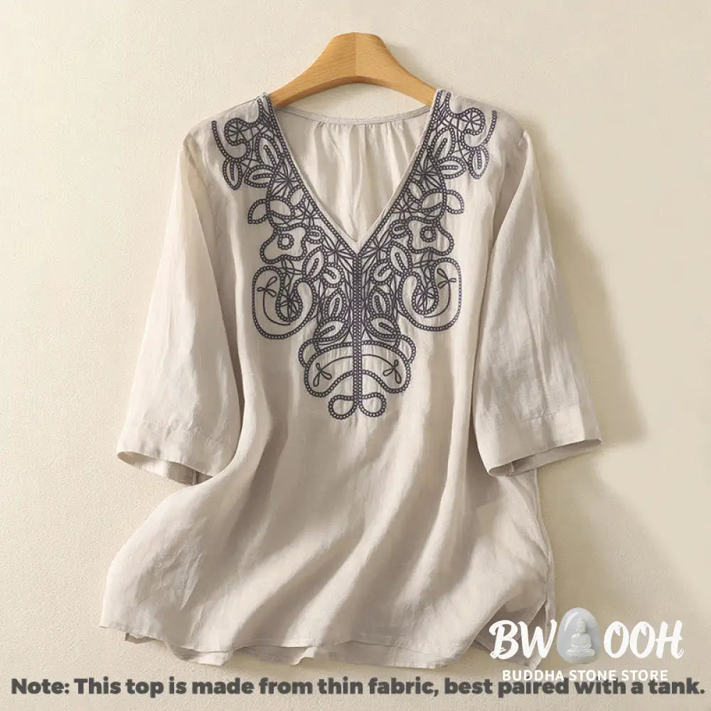 Buddha Stones Embroidered V-neck Casual Women’s Cotton Linen Half Sleeve T-shirt - Women’s T-Shirts