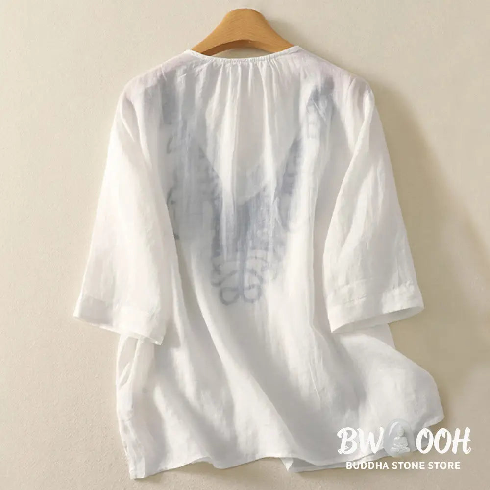 Buddha Stones Embroidered V-neck Casual Women’s Cotton Linen Half Sleeve T-shirt - Women’s T-Shirts