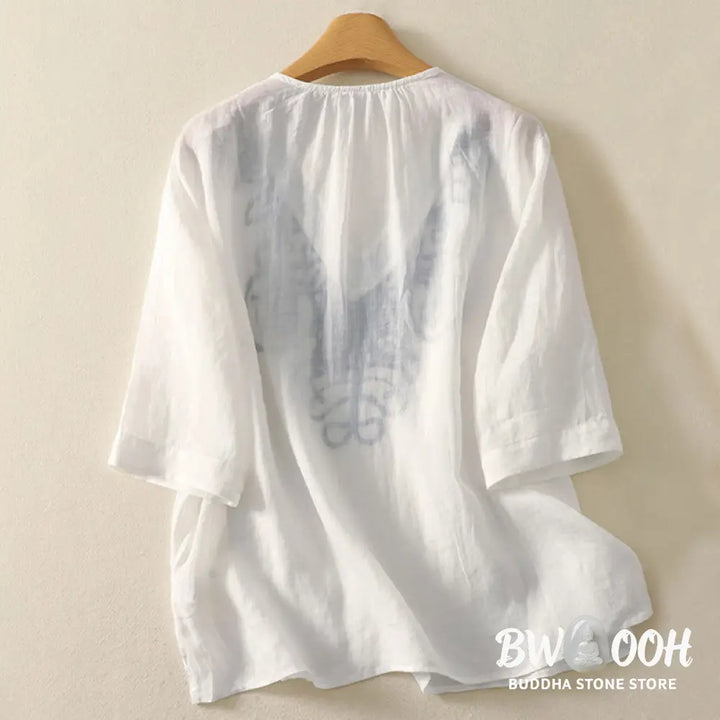 Buddha Stones Embroidered V-neck Casual Women’s Cotton Linen Half Sleeve T-shirt - Women’s T-Shirts