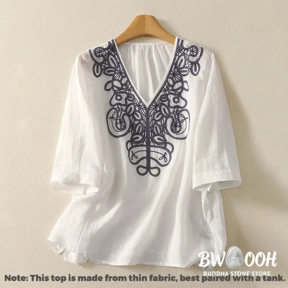 Buddha Stones Embroidered V-neck Casual Women’s Cotton Linen Half Sleeve T-shirt - Women’s T-Shirts