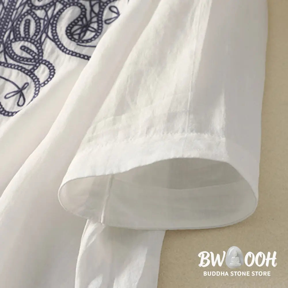 Buddha Stones Embroidered V-neck Casual Women’s Cotton Linen Half Sleeve T-shirt - Women’s T-Shirts