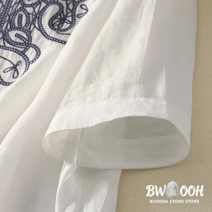 Buddha Stones Embroidered V-neck Casual Women’s Cotton Linen Half Sleeve T-shirt - Women’s T-Shirts