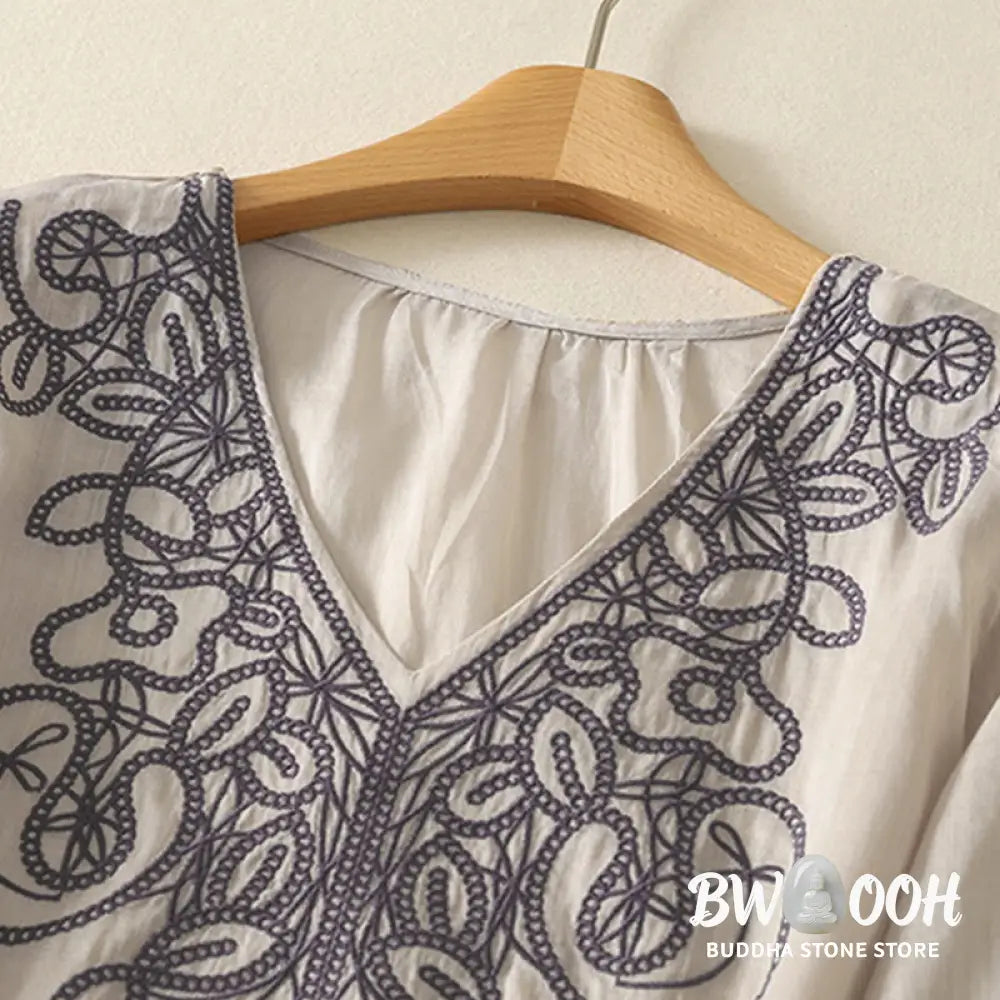 Buddha Stones Embroidered V-neck Casual Women’s Cotton Linen Half Sleeve T-shirt - Women’s T-Shirts