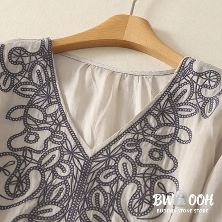 Buddha Stones Embroidered V-neck Casual Women’s Cotton Linen Half Sleeve T-shirt - Women’s T-Shirts