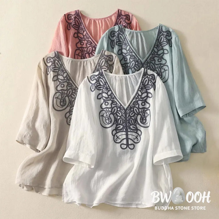 Buddha Stones Embroidered V-neck Casual Women’s Cotton Linen Half Sleeve T-shirt - Women’s T-Shirts