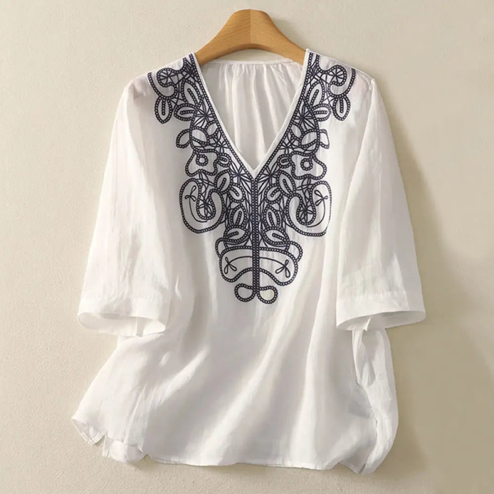 Buddha Stones Embroidered V-neck Casual Women’s Cotton Linen Half Sleeve T-shirt - White / US6，UK/AU10，EU38 (M)