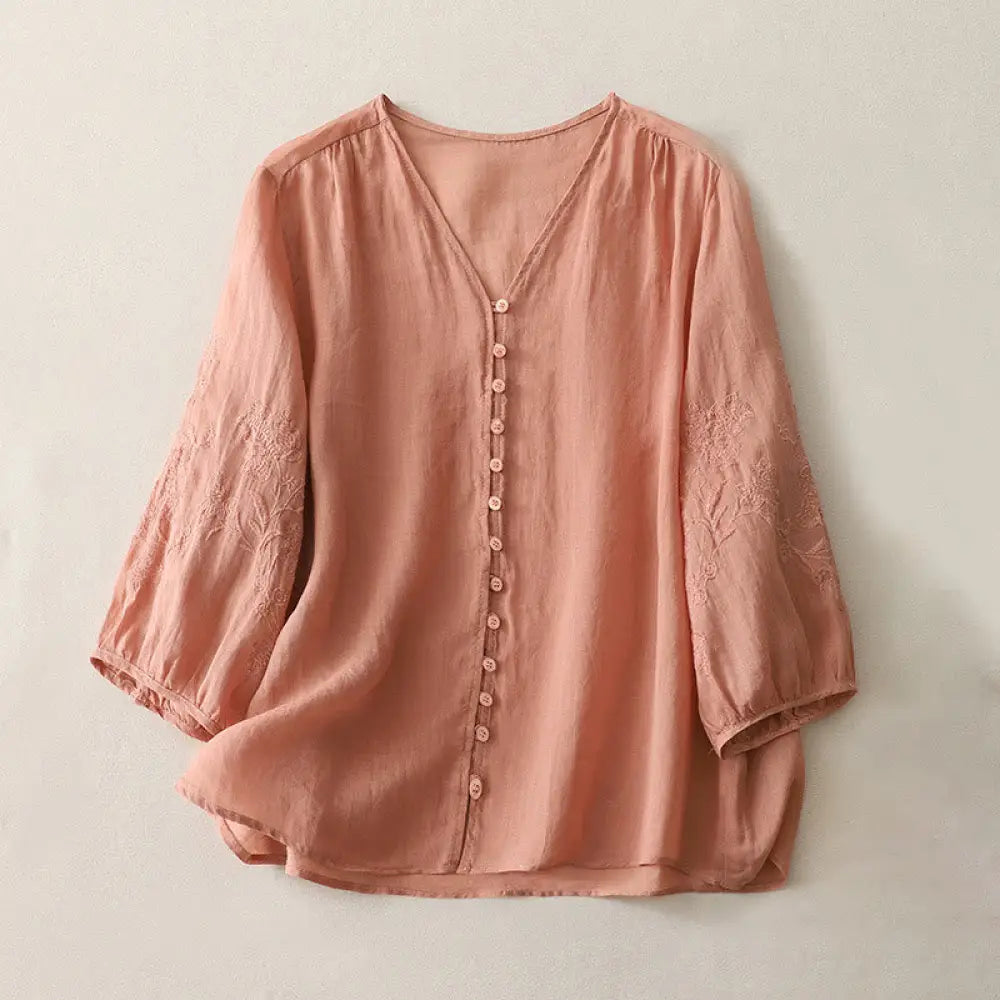 Buddha Stones Embroidery Button-down Women’s Cotton Linen Shirt - LightSalmon / US4，UK/AU8，EU36 (L) - Women’s Shirts