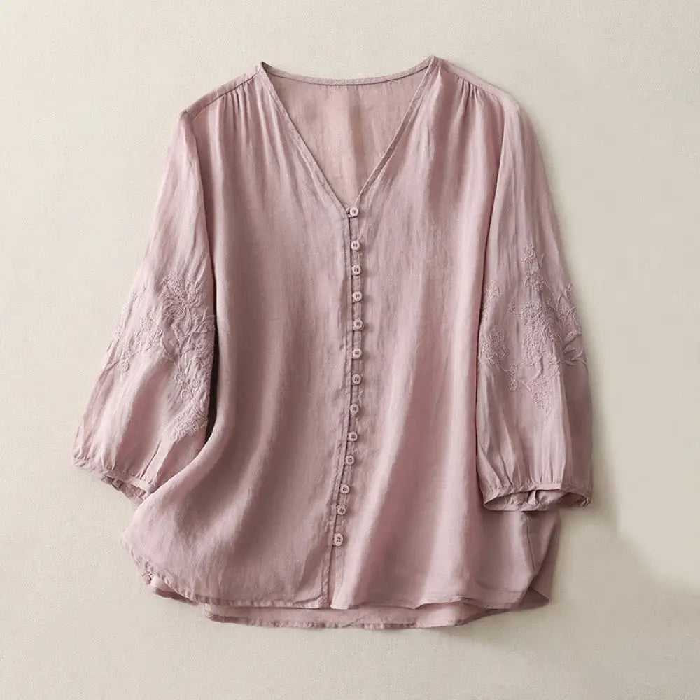 Buddha Stones Embroidery Button-down Women’s Cotton Linen Shirt - Plum / US4，UK/AU8，EU36 (L) - Women’s Shirts