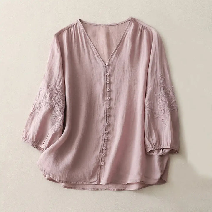Buddha Stones Embroidery Button-down Women’s Cotton Linen Shirt - Plum / US4，UK/AU8，EU36 (L) - Women’s Shirts
