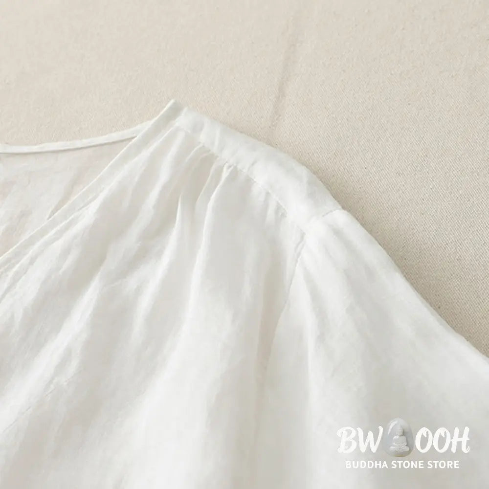 Buddha Stones Embroidery Button-down Women’s Cotton Linen Shirt - Women’s Shirts