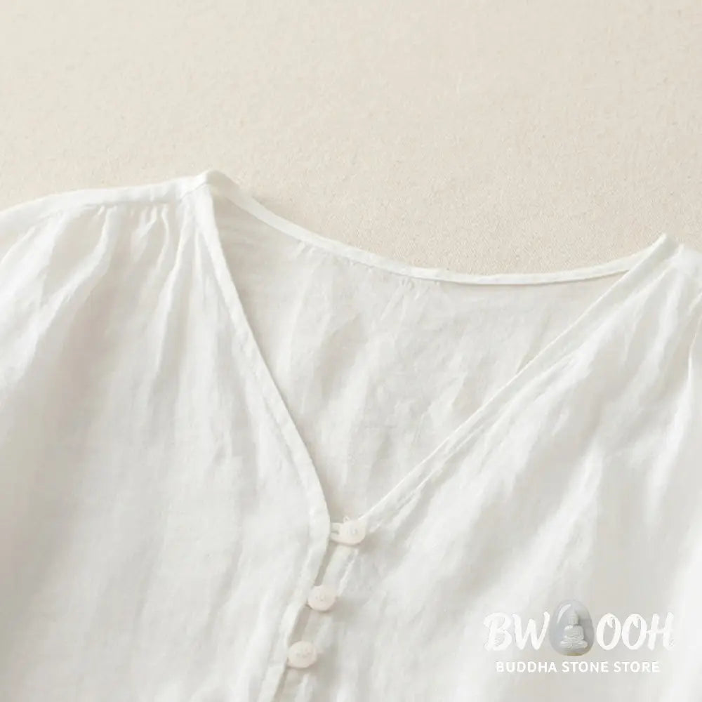 Buddha Stones Embroidery Button-down Women’s Cotton Linen Shirt - Women’s Shirts