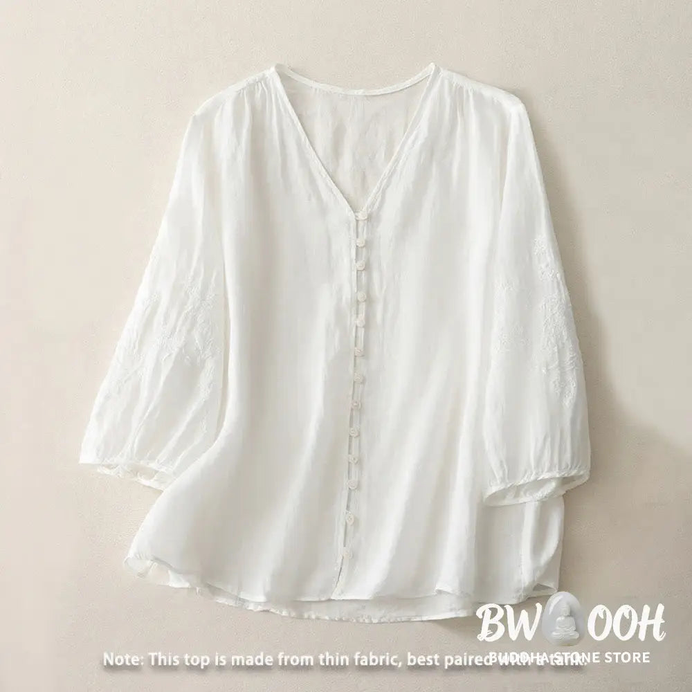 Buddha Stones Embroidery Button-down Women’s Cotton Linen Shirt - Women’s Shirts