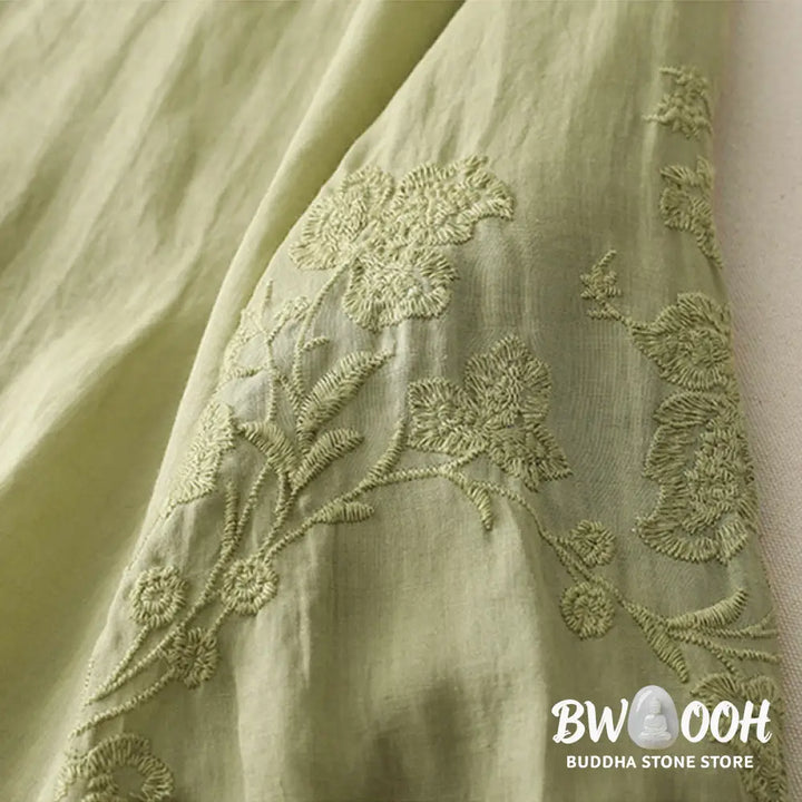 Buddha Stones Embroidery Button-down Women’s Cotton Linen Shirt - Women’s Shirts