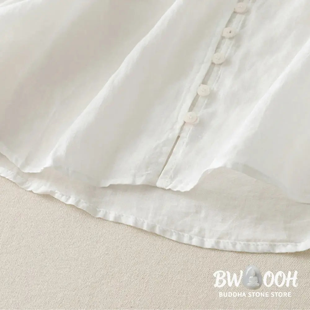 Buddha Stones Embroidery Button-down Women’s Cotton Linen Shirt - Women’s Shirts