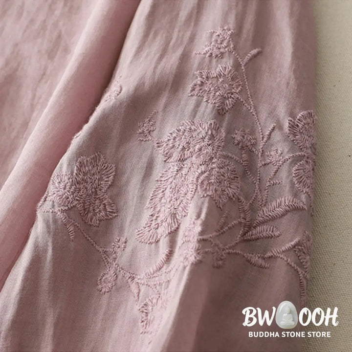 Buddha Stones Embroidery Button-down Women’s Cotton Linen Shirt - Women’s Shirts