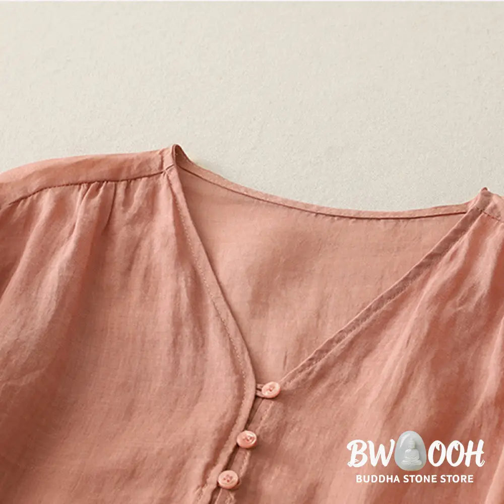 Buddha Stones Embroidery Button-down Women’s Cotton Linen Shirt - Women’s Shirts