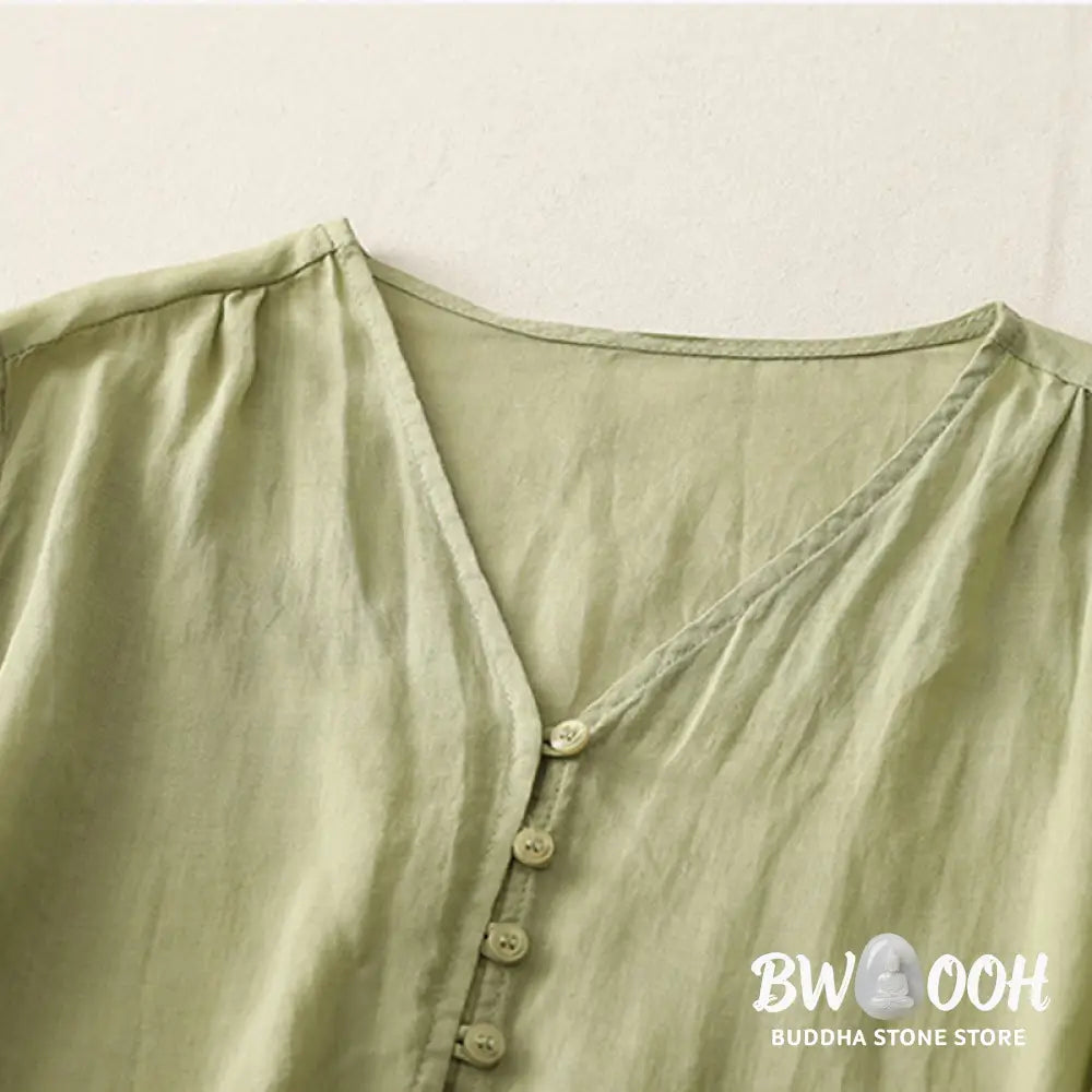 Buddha Stones Embroidery Button-down Women’s Cotton Linen Shirt - Women’s Shirts