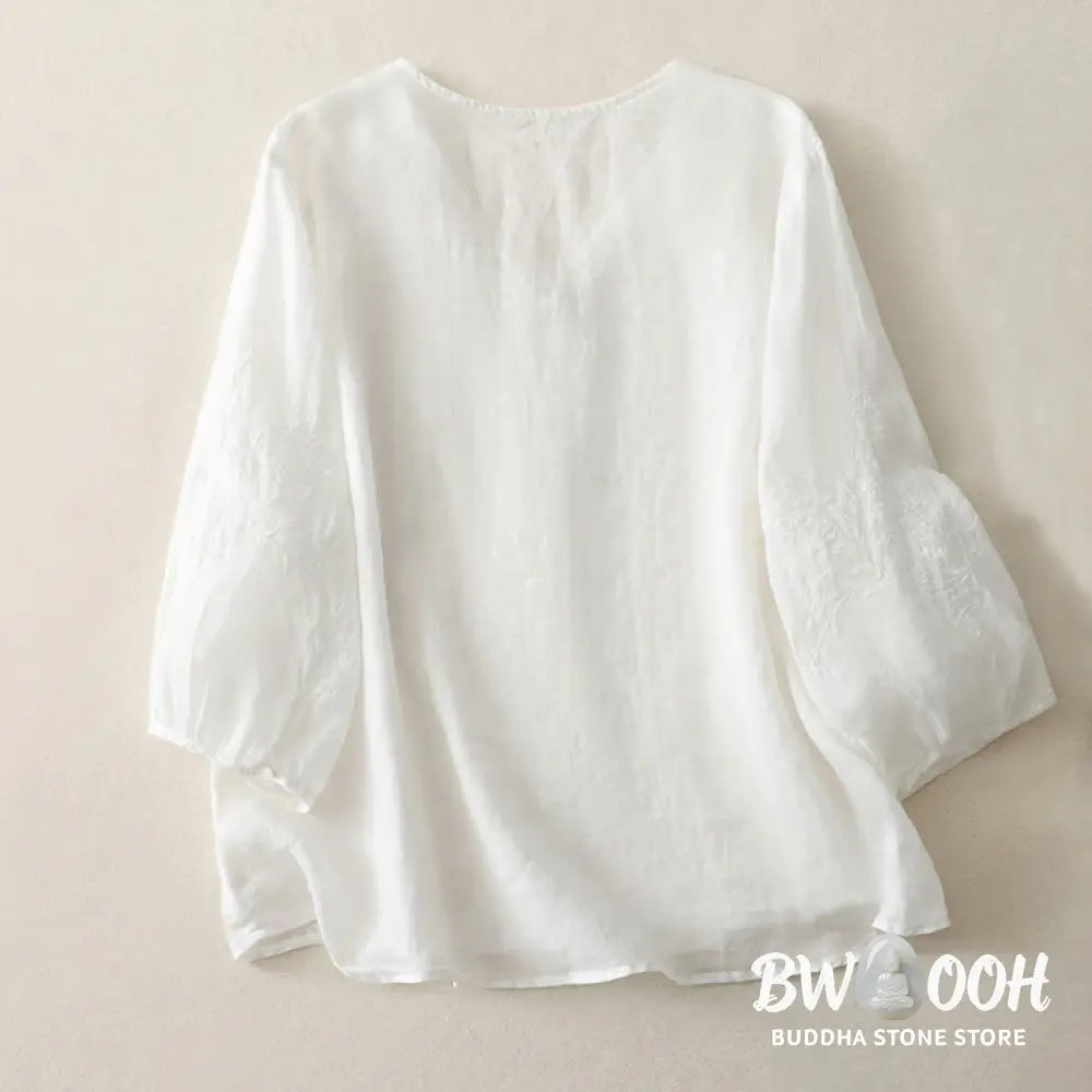 Buddha Stones Embroidery Button-down Women’s Cotton Linen Shirt - Women’s Shirts