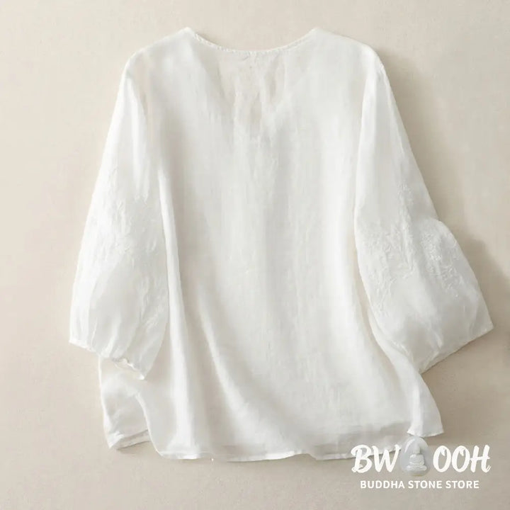Buddha Stones Embroidery Button-down Women’s Cotton Linen Shirt - Women’s Shirts