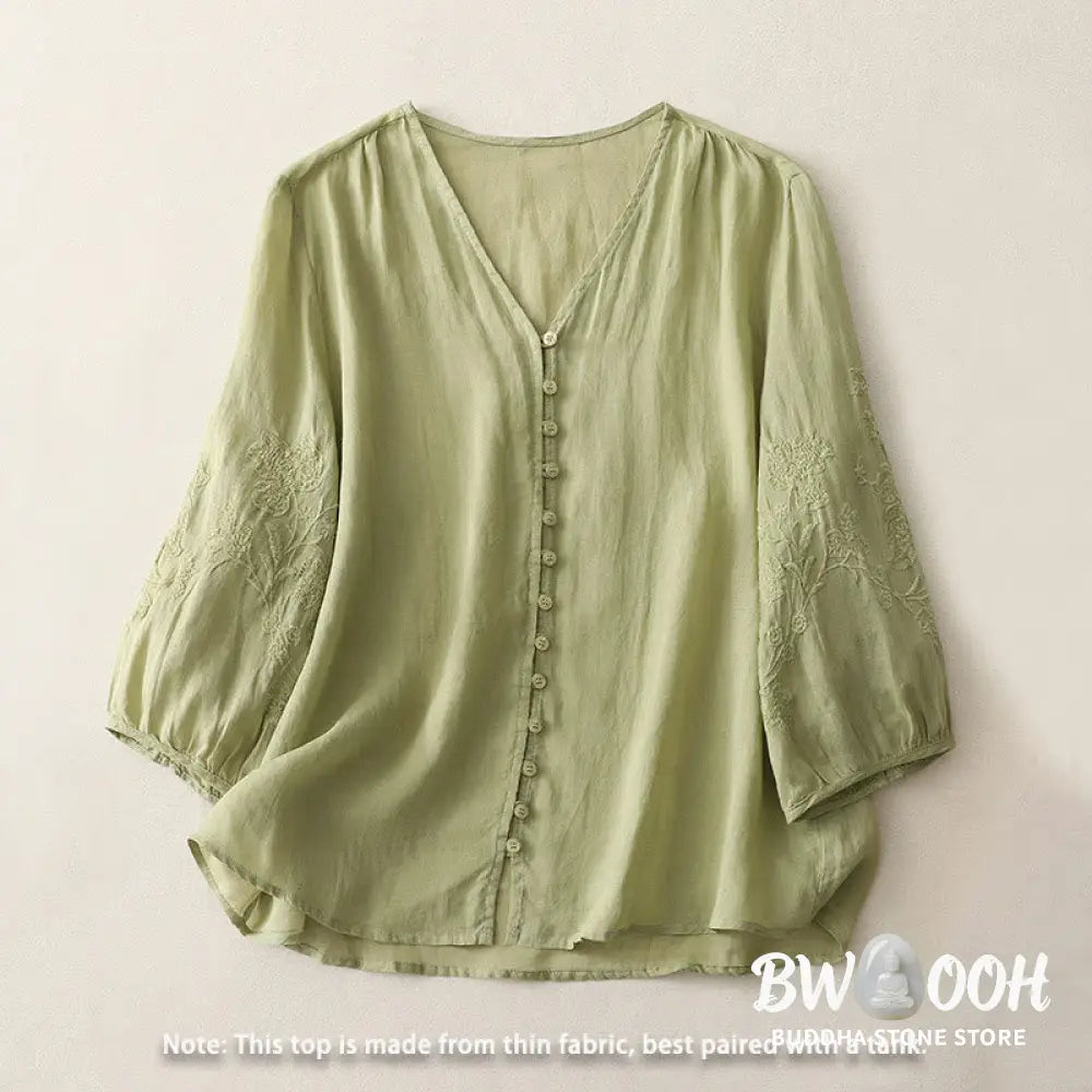Buddha Stones Embroidery Button-down Women’s Cotton Linen Shirt - Women’s Shirts
