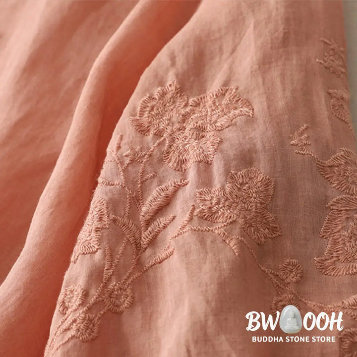 Buddha Stones Embroidery Button-down Women’s Cotton Linen Shirt - Women’s Shirts