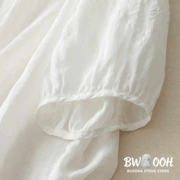 Buddha Stones Embroidery Button-down Women’s Cotton Linen Shirt - Women’s Shirts