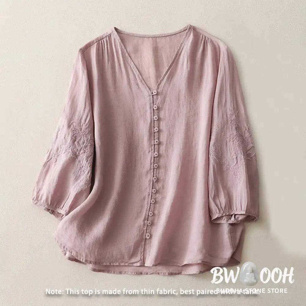Buddha Stones Embroidery Button-down Women’s Cotton Linen Shirt - Women’s Shirts