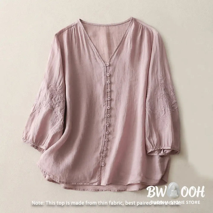 Buddha Stones Embroidery Button-down Women’s Cotton Linen Shirt - Women’s Shirts