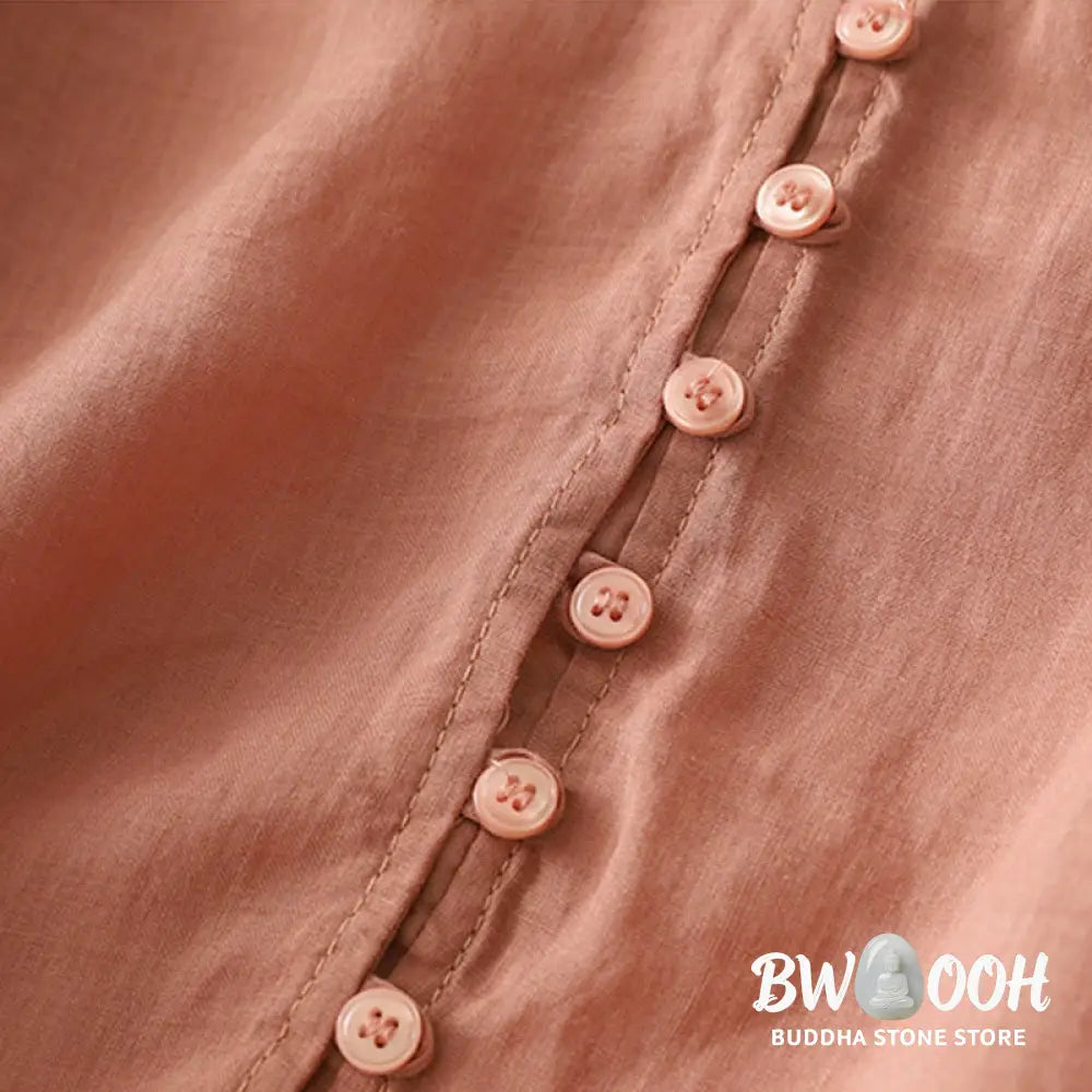 Buddha Stones Embroidery Button-down Women’s Cotton Linen Shirt - Women’s Shirts