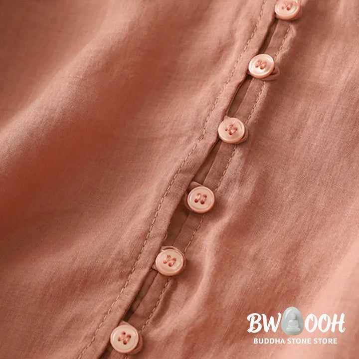 Buddha Stones Embroidery Button-down Women’s Cotton Linen Shirt - Women’s Shirts