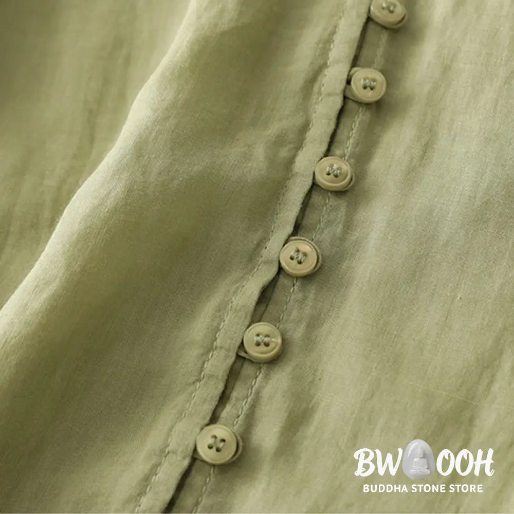 Buddha Stones Embroidery Button-down Women’s Cotton Linen Shirt - Women’s Shirts
