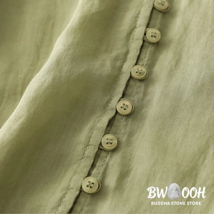 Buddha Stones Embroidery Button-down Women’s Cotton Linen Shirt - Women’s Shirts