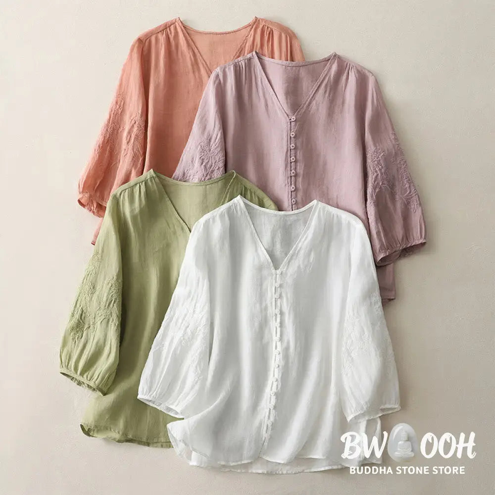 Buddha Stones Embroidery Button-down Women’s Cotton Linen Shirt - Women’s Shirts