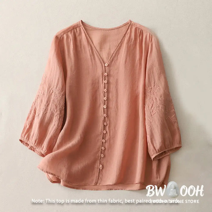 Buddha Stones Embroidery Button-down Women’s Cotton Linen Shirt - Women’s Shirts