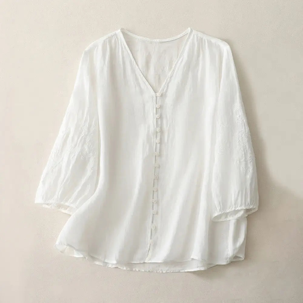 Buddha Stones Embroidery Button-down Women’s Cotton Linen Shirt - White / US4，UK/AU8，EU36 (L) - Women’s Shirts