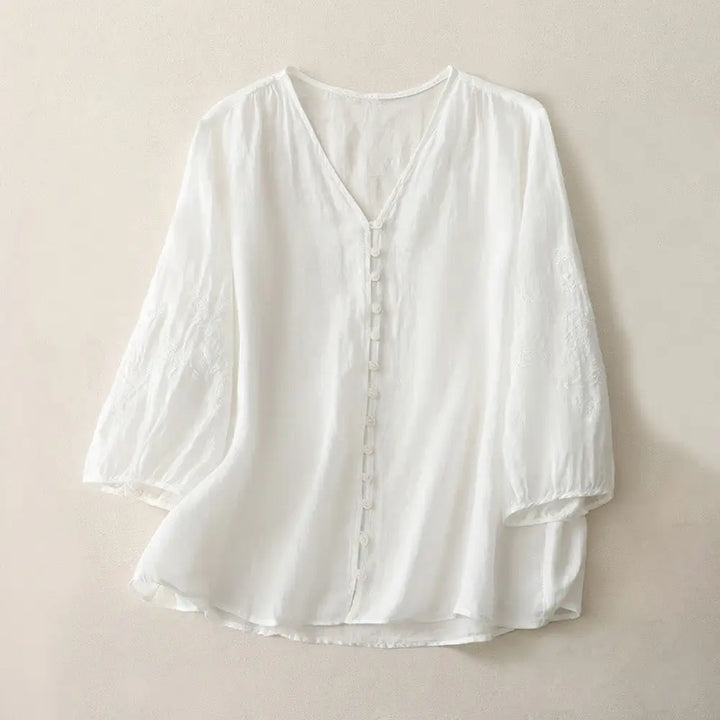 Buddha Stones Embroidery Button-down Women’s Cotton Linen Shirt - White / US4，UK/AU8，EU36 (L) - Women’s Shirts