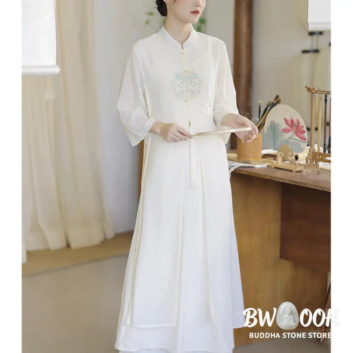 Buddha Stones Embroidery Chiffon Cheongsam Midi Dress Wide Leg Pants Meditation Zen Practice Clothing - Women’s