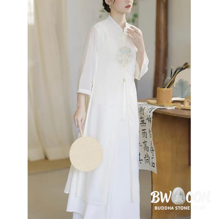Buddha Stones Embroidery Chiffon Cheongsam Midi Dress Wide Leg Pants Meditation Zen Practice Clothing - Women’s