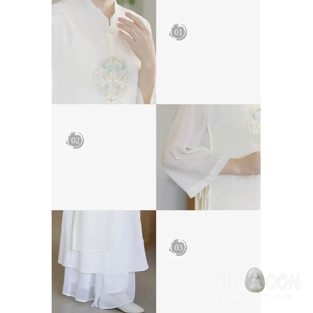 Buddha Stones Embroidery Chiffon Cheongsam Midi Dress Wide Leg Pants Meditation Zen Practice Clothing - Women’s