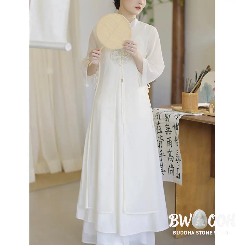 Buddha Stones Embroidery Chiffon Cheongsam Midi Dress Wide Leg Pants Meditation Zen Practice Clothing - Women’s