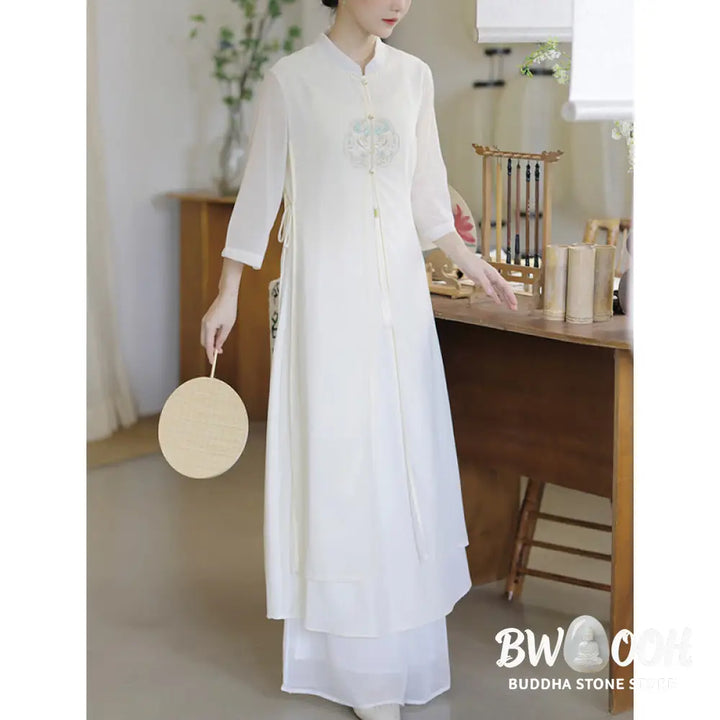 Buddha Stones Embroidery Chiffon Cheongsam Midi Dress Wide Leg Pants Meditation Zen Practice Clothing - Women’s