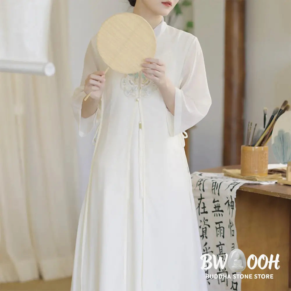 Buddha Stones Embroidery Chiffon Cheongsam Midi Dress Wide Leg Pants Meditation Zen Practice Clothing - Women’s
