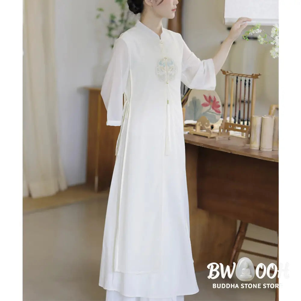 Buddha Stones Embroidery Chiffon Cheongsam Midi Dress Wide Leg Pants Meditation Zen Practice Clothing - Women’s