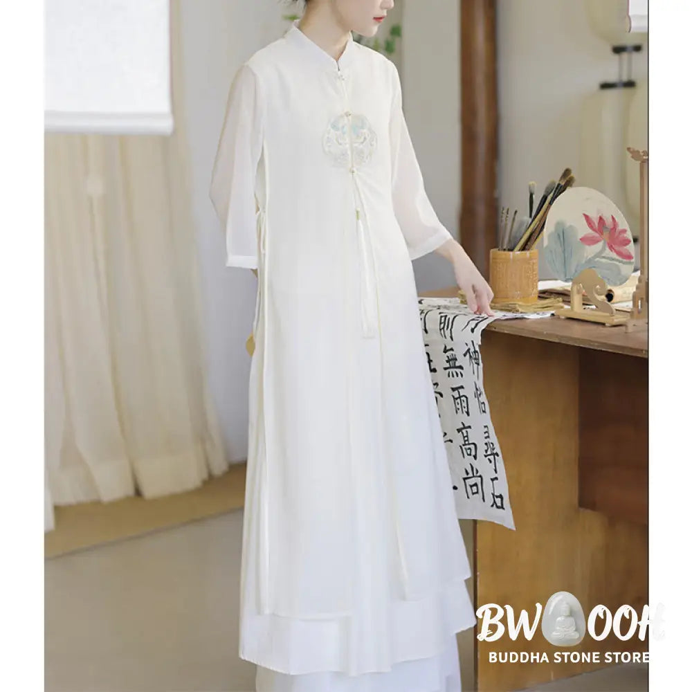 Buddha Stones Embroidery Chiffon Cheongsam Midi Dress Wide Leg Pants Meditation Zen Practice Clothing - Women’s