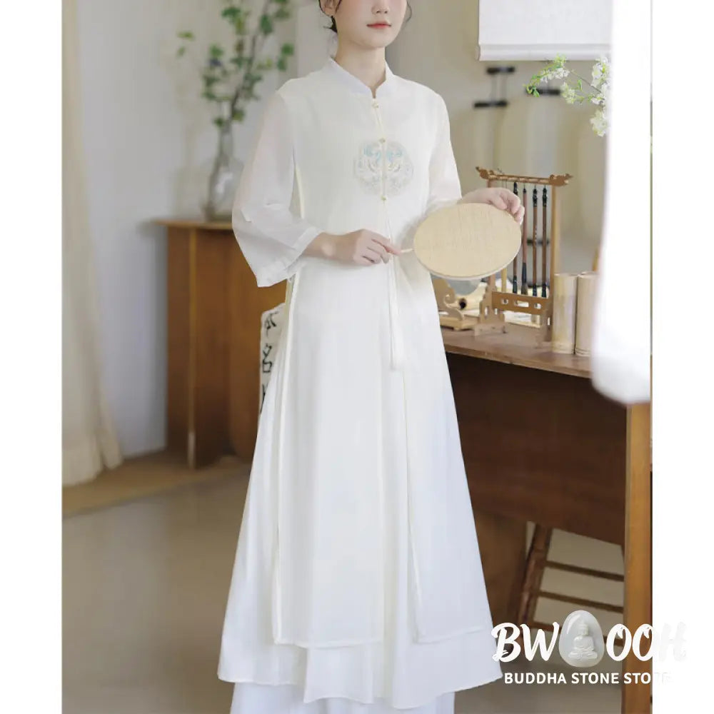 Buddha Stones Embroidery Chiffon Cheongsam Midi Dress Wide Leg Pants Meditation Zen Practice Clothing - Women’s