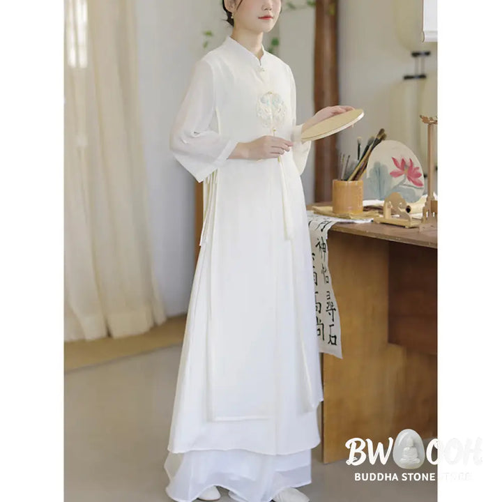Buddha Stones Embroidery Chiffon Cheongsam Midi Dress Wide Leg Pants Meditation Zen Practice Clothing - Women’s