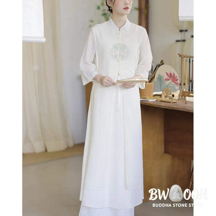 Buddha Stones Embroidery Chiffon Cheongsam Midi Dress Wide Leg Pants Meditation Zen Practice Clothing - Women’s