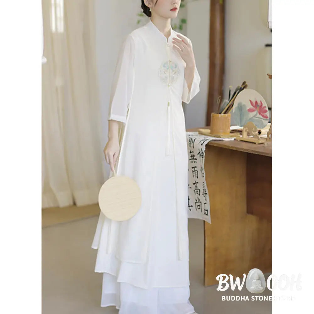 Buddha Stones Embroidery Chiffon Cheongsam Midi Dress Wide Leg Pants Meditation Zen Practice Clothing - Women’s